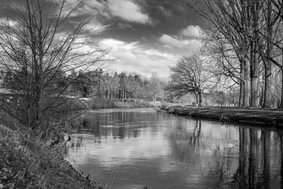 Bare trees by lake against sky