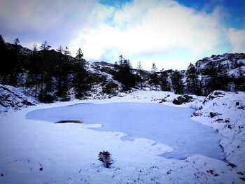 Scenic view of frozen lake against sky during winter