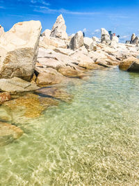 Scenic view of rocks in sea against sky