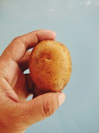 Close-up of hand holding apple against white background