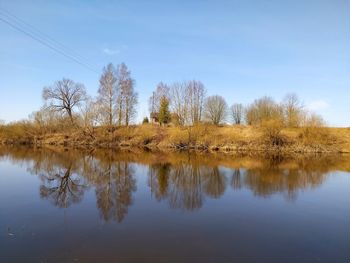 Scenic view of lake by trees against sky