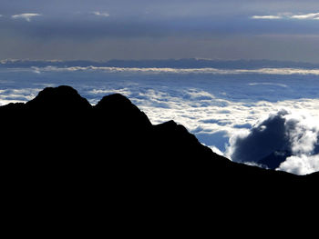 Scenic view of silhouette mountain against sky during sunset