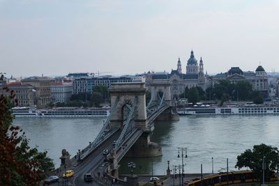 Bridge over river with city in background