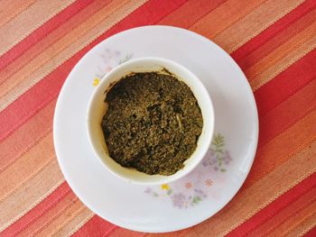 High angle view of pasta in bowl on table