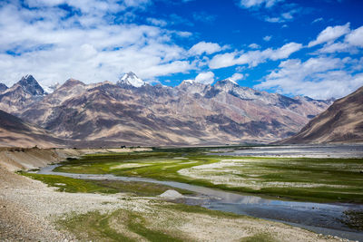 Scenic view of lake by mountains against sky