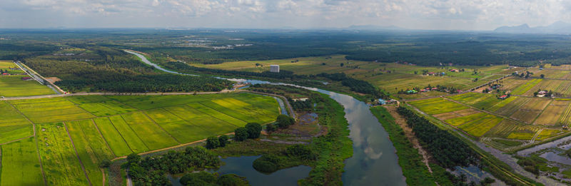 High angle view of agricultural field against sky