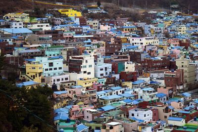 High angle view of houses in town