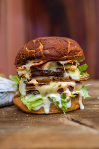 Close-up of burger on table