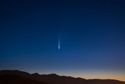 Low angle view of silhouette mountains against blue sky