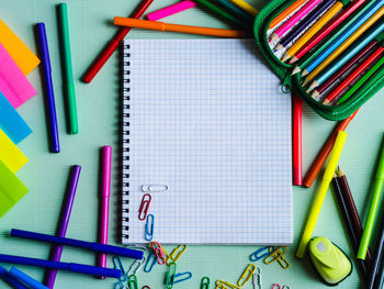 High angle view of multi colored pencils on table