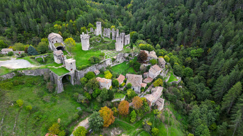 High angle view of buildings in forest