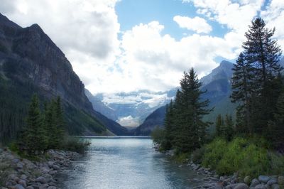 Scenic view of lake and mountains against sky