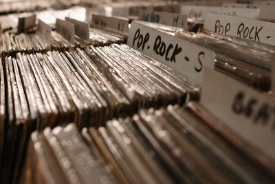 Full frame shot of packed vinyl records for sale in market