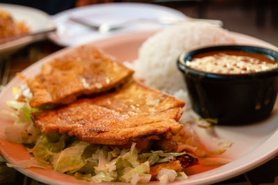 Close-up of meal served on table