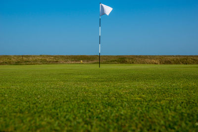 Golf flag on grassy field against clear blue sky