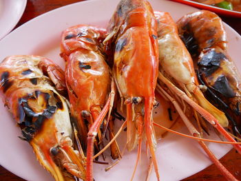 High angle view of seafood in plate on table