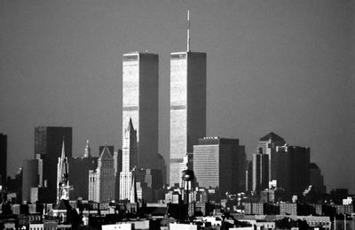 Modern buildings in city against clear sky