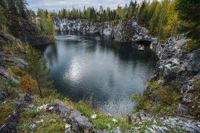 High angle view of waterfall in forest