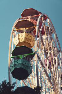 Low angle view of ferris wheel against clear blue sky