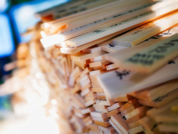 High angle view of books on wood