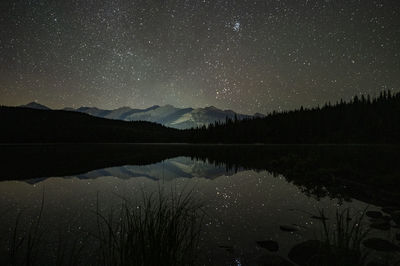 Nightsky and mountains reflected in still lake