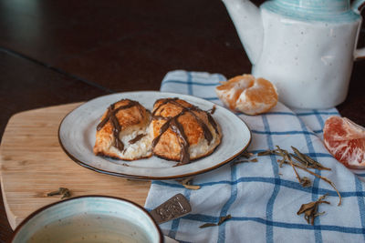 High angle view of breakfast on table