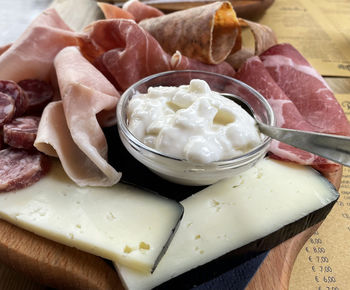 High angle view of food in plate on table
