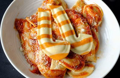 High angle view of breakfast served on table