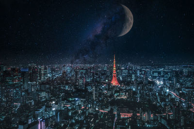 Aerial view of illuminated city against sky at night