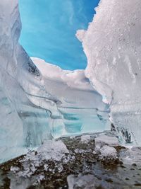 Close up of a crack in the melting ice of a frozen lake with blue sky above 