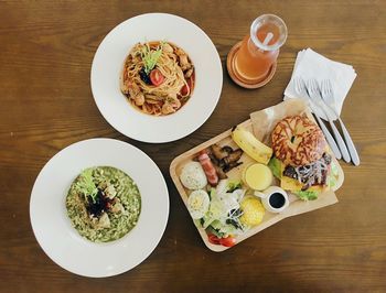 High angle view of breakfast served on table