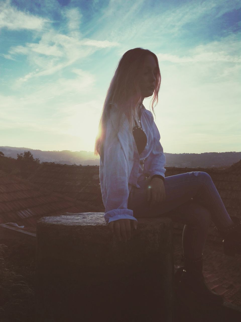 sitting, sky, real people, one person, young women, young adult, full length, outdoors, nature, day, people