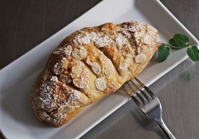 High angle view of bread in plate on table