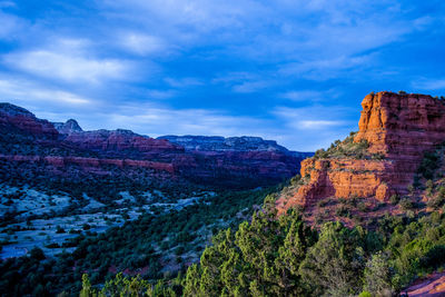 Rock formations on landscape against cloudy sky