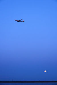 Low angle view of airplane flying against clear blue sky