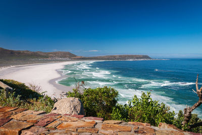 Scenic view of sea against clear blue sky