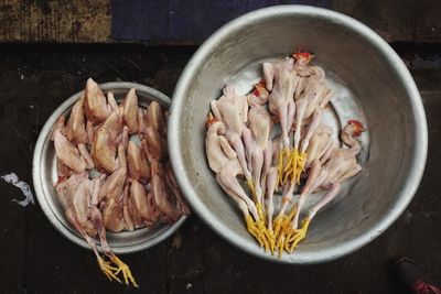 High angle view of meat in bowl on table