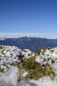 Scenic view of snowcapped mountains against clear sky