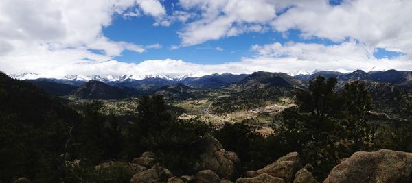 Scenic view of mountains against cloudy sky