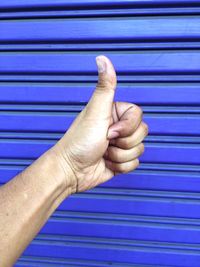 Close-up of hand showing thumbs up sign against blue shutter