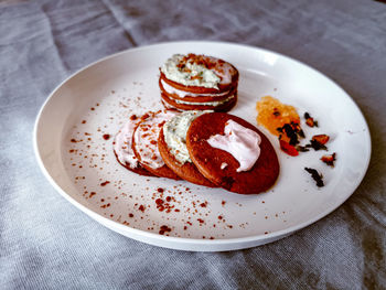 High angle view of breakfast served on table