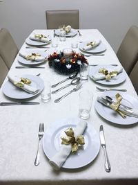 High angle view of place setting on dining table