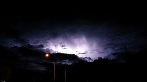 Low angle view of silhouette electricity pylon against sky at night