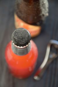 High angle view of drink in container on table