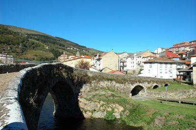 Arch bridge over river amidst buildings in town against clear blue sky