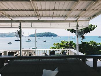 View of restaurant by sea against sky