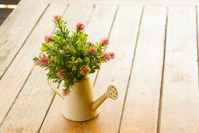 High angle view of flower vase on table