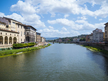 Arch bridge over river against buildings in city