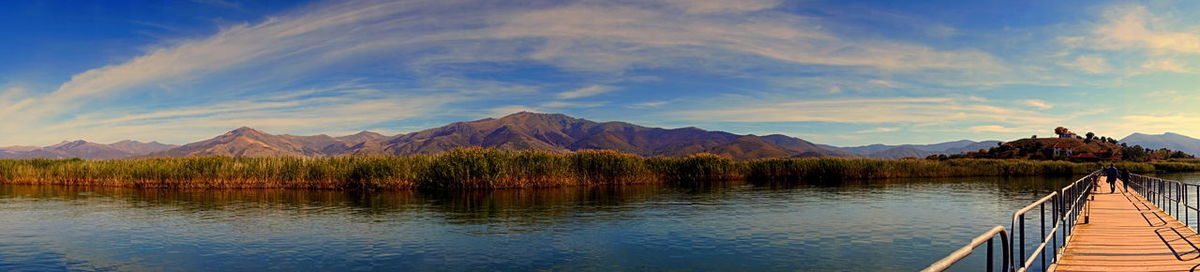 Scenic view of lake by mountains against sky