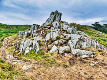 Rock formations on landscape against sky